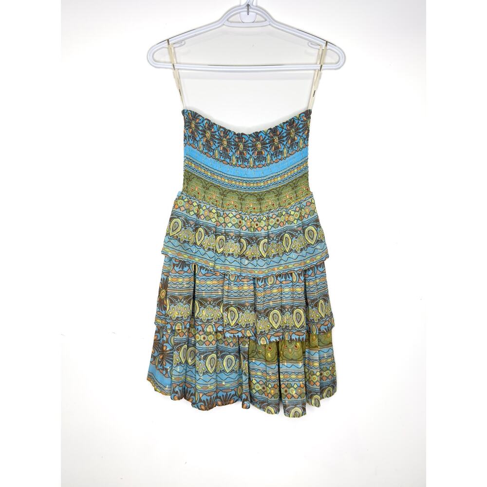 y2k style forever 21 blue green strapless ruffle floral patten dress , beachy